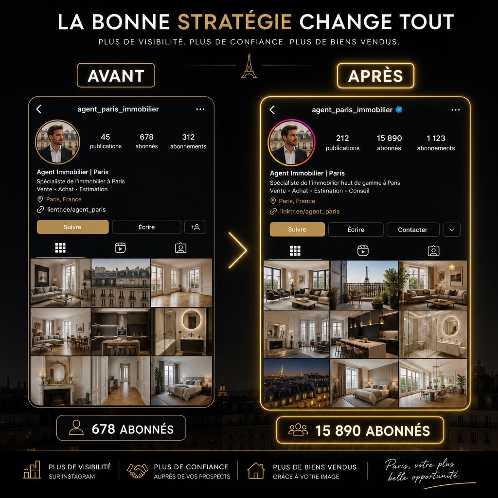 Avant et après agent immobilier Paris : de 678 à 15 890 abonnés